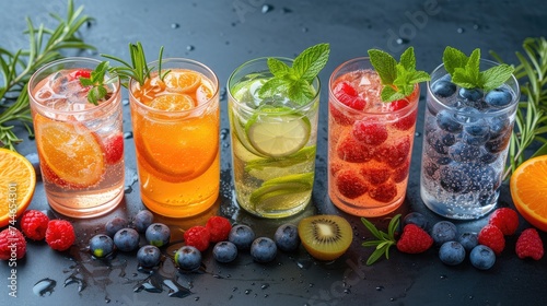 Variety of fresh fruit infused waters displayed with garnishes and scattered berries on a dark background.
