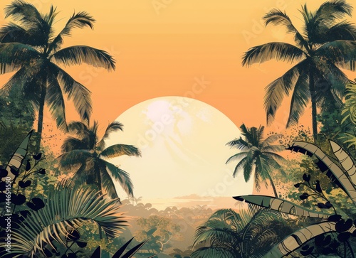 A tropical sunset painting with palm trees  a large sun  and vibrant sky