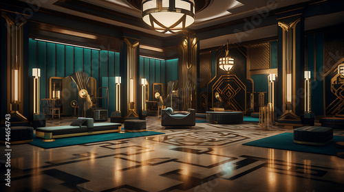 A gym interior inspired by the art deco era, featuring geometric patterns and opulent details.