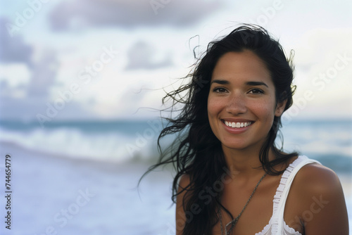 Joyful young Hispanic woman on the beach at sunset.