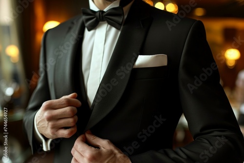 Hombre ajustándose el esmoquin con pajarita