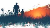 Father’s Day vector illustration card. Silhouettes of dad and children isolated on adventure landscape with beautiful scenery 