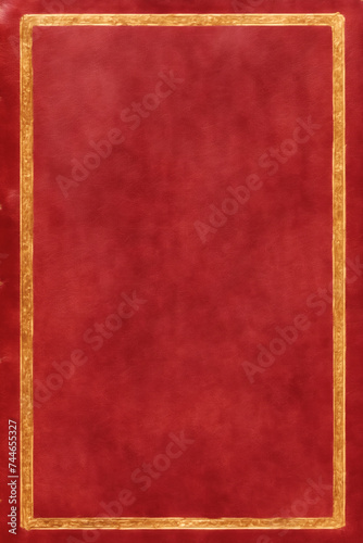 The red leather cover of an old ancient book, worn out aged surface, empty blank with a golden frame.
 photo