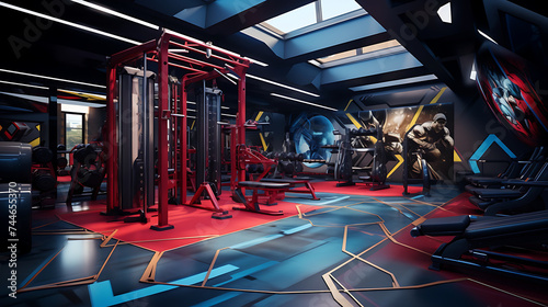 A gym interior inspired by the world of superheroes, with comic book-style decor and equipment.