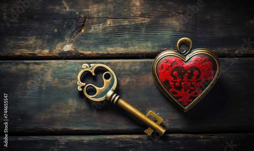 Vintage golden key beside a red heart with a keyhole on a rustic wooden surface, symbolizing unlocking love, secret affection, or the key to one's heart