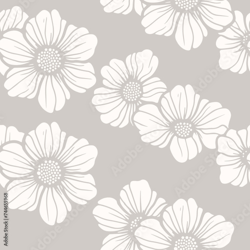 Subtle minimal floral seamless pattern. Elegant beige and white vector texture with spring flowers, petals, simple silhouettes. Delicate monochrome background. Repeat design for decor, print, textile