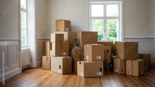 Cardboard boxes in a new bright house on the day of the move. The Concept Of housewarming, Freight Transportation, Purchase Of Real Estate. © liliyabatyrova