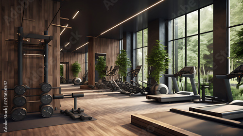A gym interior that focuses on eco-friendliness, using sustainable materials and energy-efficient equipment. © Muhammad