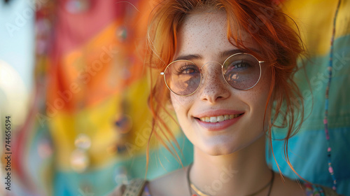 A smiling red head woman with sunglasses, rainbow colors lgbt flag behing her