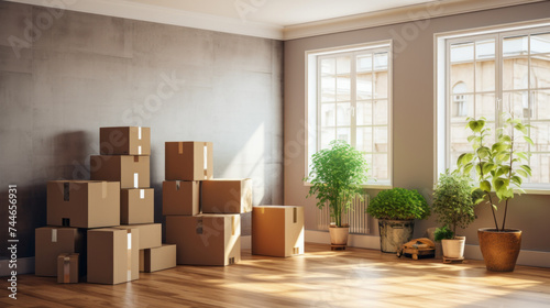 Cardboard boxes and indoor plants in a new bright house on the day of the move. The Concept Of housewarming, Freight Transportation, Purchase Of Real Estate. © liliyabatyrova