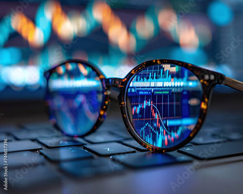Glasses on Keyboard with Stock Market Reflection