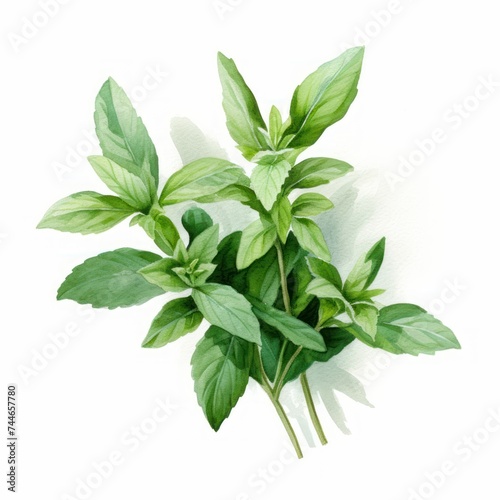 Fresh Green Watercolor Clipart of Mint Leaves and Rosemary Sprig