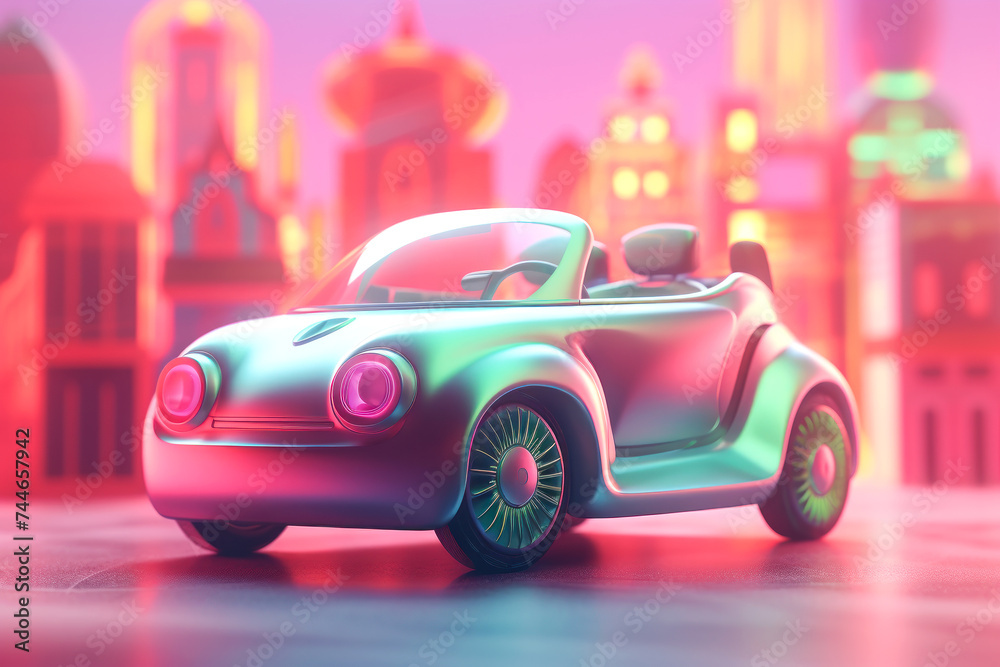 Dive into a neon dreamscape with this vibrant 3D-rendered futuristic car illustration, merging sleek design with a whimsical city backdrop. Perfect for your creative projects