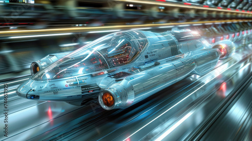 A concept image of a futuristic vehicle traveling at high speed inside a hyperloop tunnel, illustrating advanced transportation technology