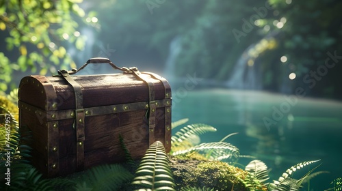 A wooden treasure chest on a mountain lake somewhere in South America - Format: 16:9