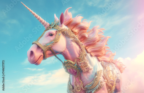 Embark on a fantasy with this majestic unicorn, adorned in ornate gear under a dreamy sky