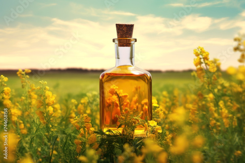 Discover tranquility in this image of an elegant perfume bottle amidst a vibrant field