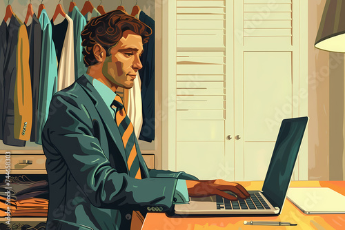 Man working on laptop. Smartwork. Online. Working at home. Illustration. photo