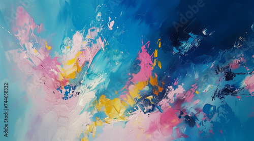 Abstract acrylic painting of blooming blooms in blue and pink. © An