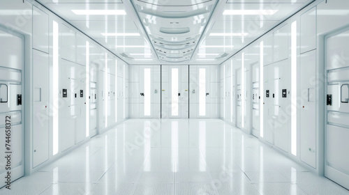 A pristine, white hallway of a data center with rows of secured server cabinets