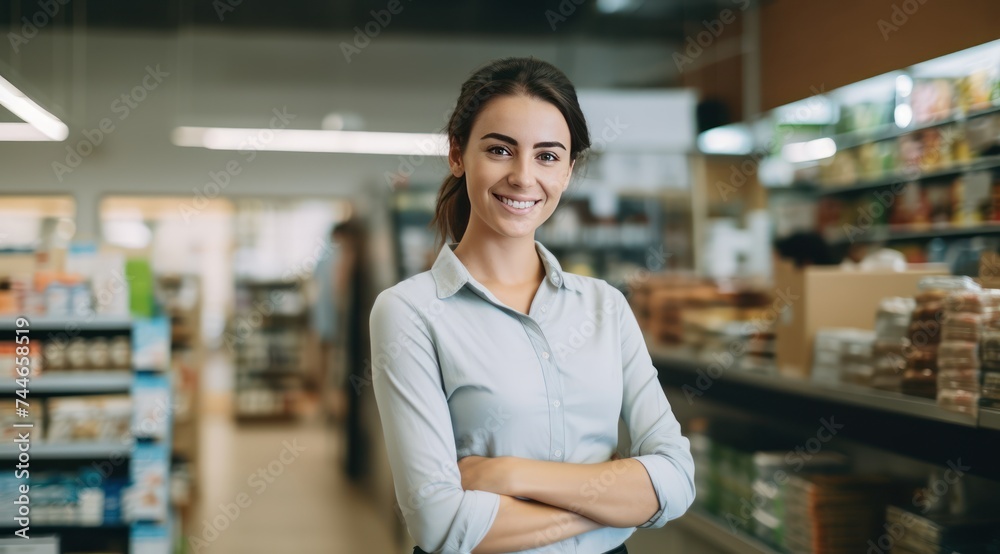 Smiling Saleswoman with Imperfect Skin in Food Store Candid UHD Photography Smiling Saleswoman with Imperfect Skin in Food Store Candid UHD Photography