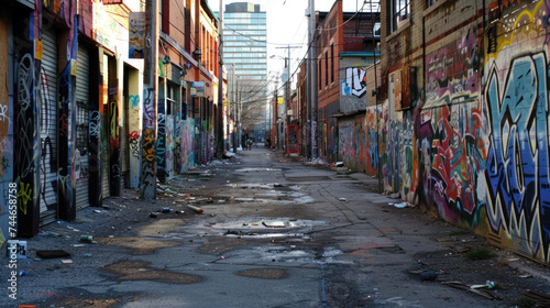 Abandoned dirty street in poor, dangerous, criminal neighborhood