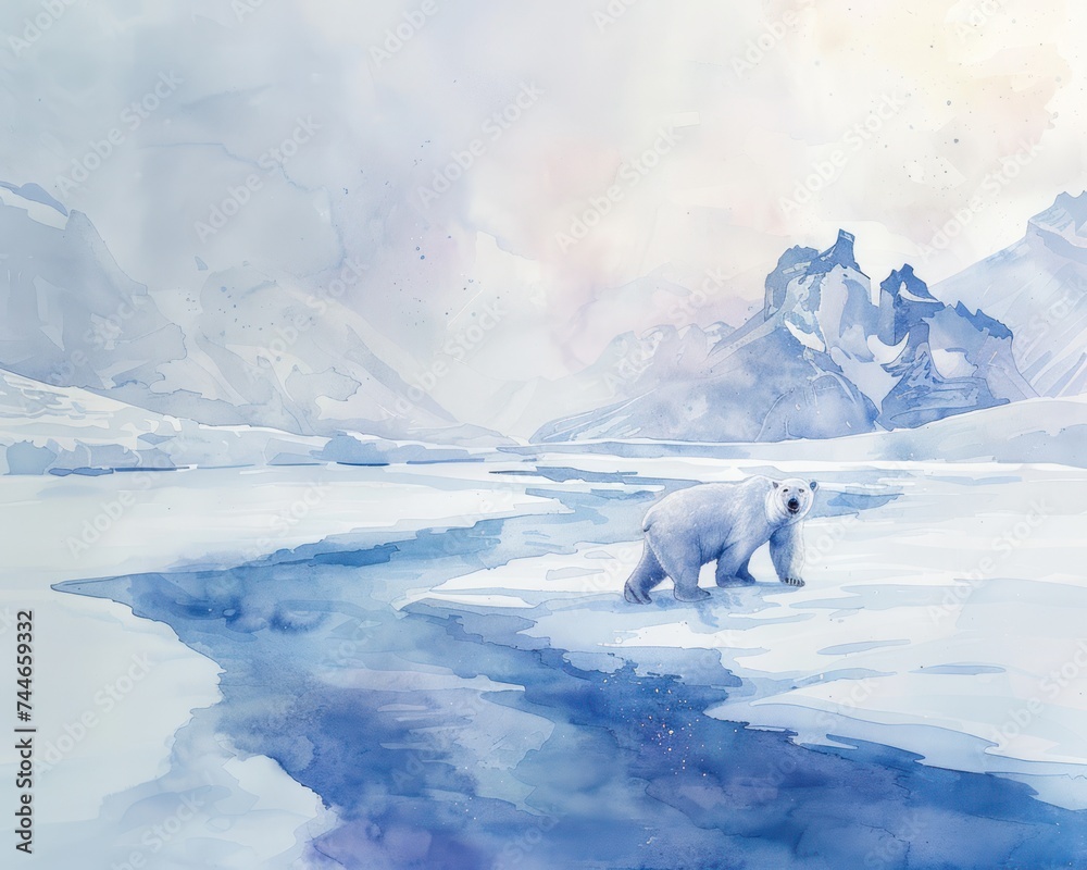 Frozen Whispers: Watercolor Arctic Bearscape Frozen Whispers: Watercolor Arctic Bearscape