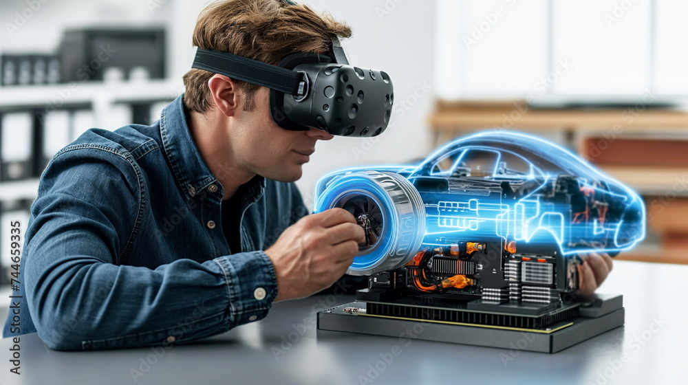 An individual explores a virtual car engine, using a VR headset, in a hands-on technological learning environment