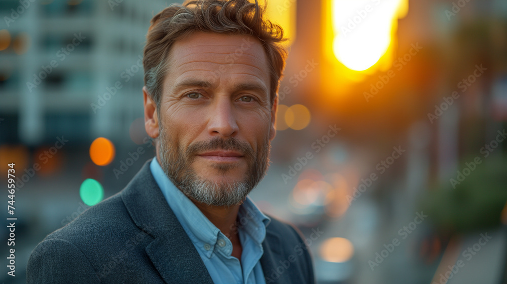 Portrait of a 40 years old man, light unshaven, casual business style with suit shirt but no tie , modern city background, Ai generated image - obrazy, fototapety, plakaty 