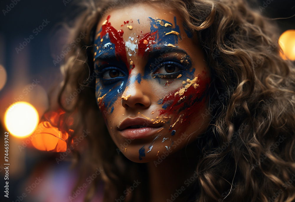 A person's face with the American flag painted on it, with vibrant red, white, and blue colors.