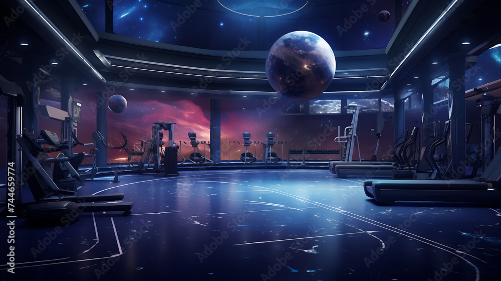 A gym interior with a cosmic theme, incorporating celestial imagery and deep-space colors.