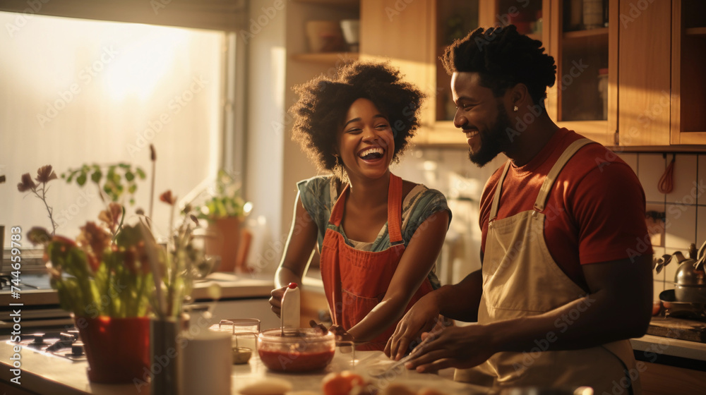 Black couple laughing while cooking together in kitchen at home. Stock ...