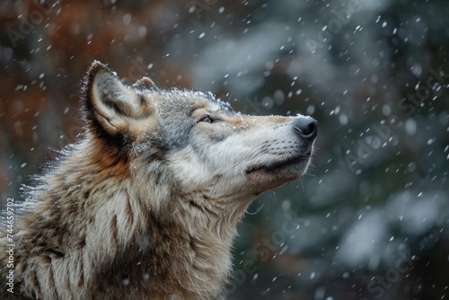 Lobo en la nieve mirando al cielo mientras nieva