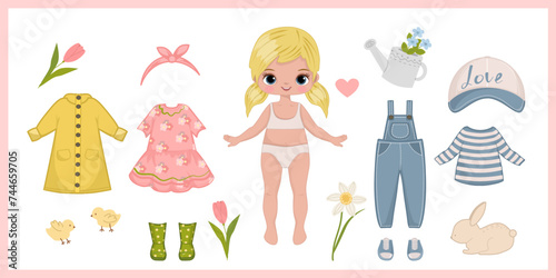 Paper doll clothes. Baby doll. Spring garden. Cute girl with clothes set, collection. Game, toy for children play. Vector illustration isolated on white background. Stickers. Dress up, cutouts.