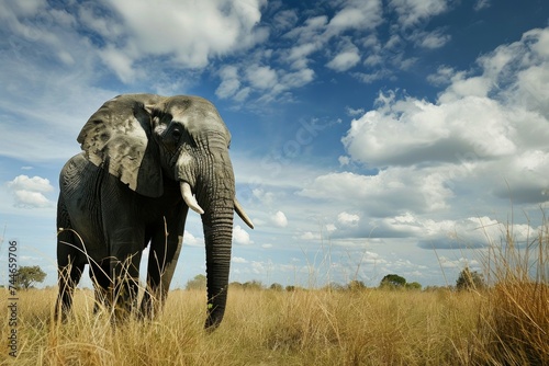 Elefante africano en sabana bajo cielo nublado