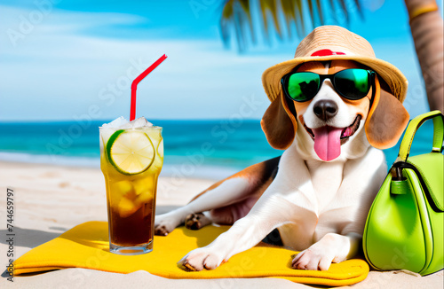 a beagle dog on vacation , lying on the beach in sunglasses and a hat , next to a glass of soda with ice © Дмитрий Абрамов