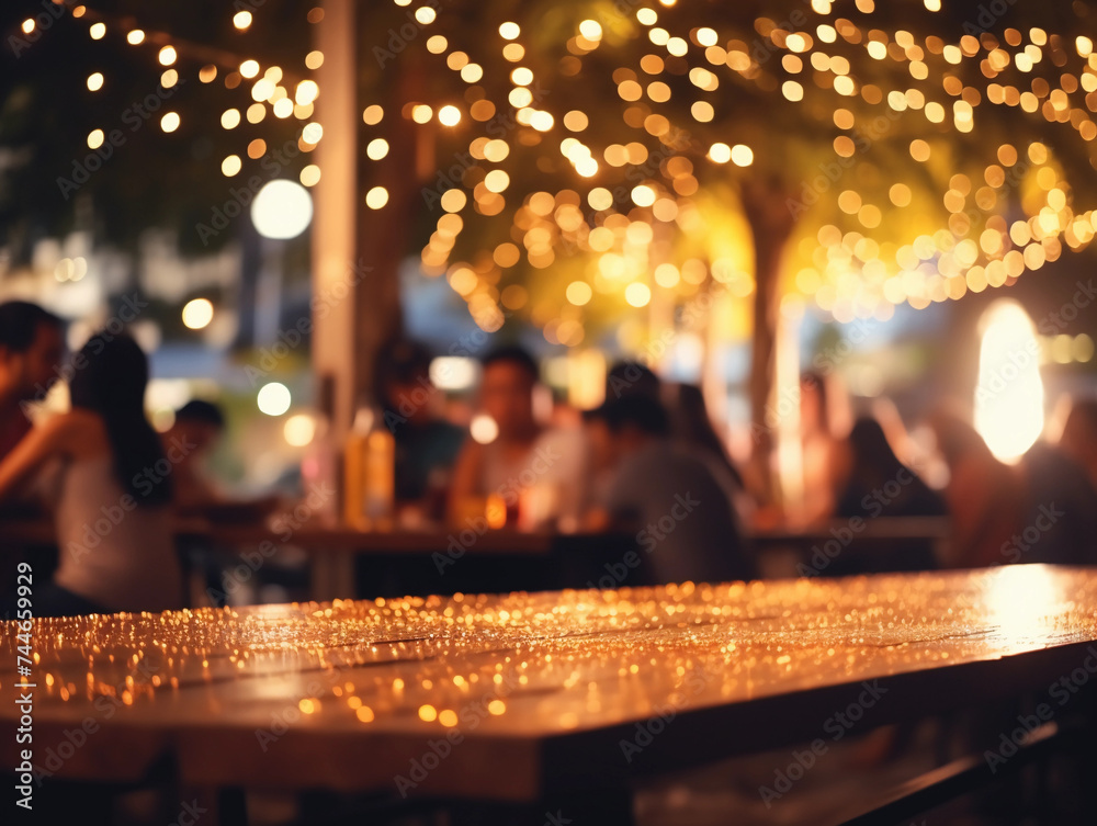 Bokeh background of Street Bar beer restaurant, outdoor in asia, People sit chill out and hang out dinner and listen to music together in Avenue, Happy life ,work hard play hard 