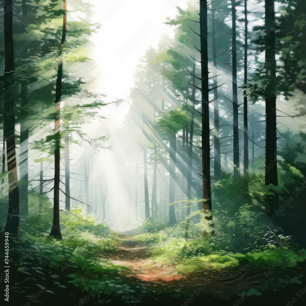 Obraz premium Sunlit Forest Clearing A Tranquil Oasis of Dappled Sunlight