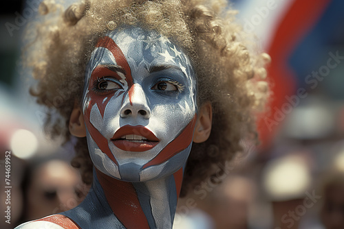 person participating in a 4th of July parade, with the American flag painted on their face.
