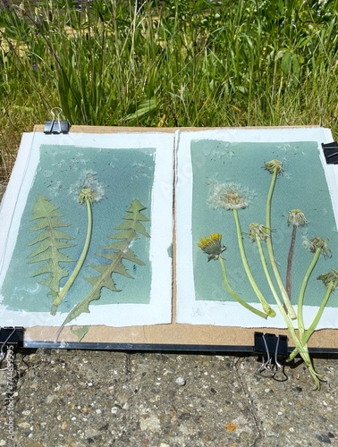 making a picture with cyanotype / blueprint technique, using fresh dandelion flowers and leaves