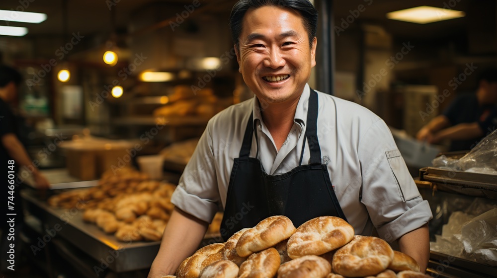 Cheerful baker with a welcoming smile presenting a basket of freshly baked bread in a cozy, well-lit bakery Cheerful baker with a welcoming smile presenting a basket of freshly baked bread in a cozy, well-lit bakery