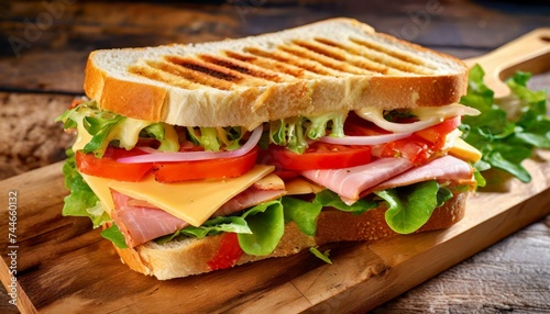 Close-up shot of tasty sandwich with ham  tomatoes  cheese and lettuce leaves. Delicious fast food