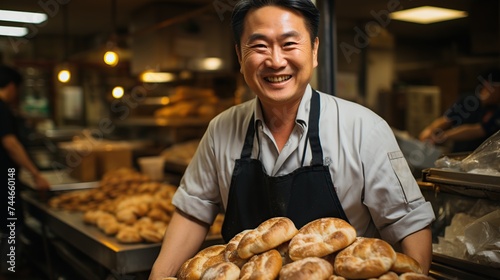 Cheerful baker with a welcoming smile presenting a basket of freshly baked bread in a cozy, well-lit bakery
