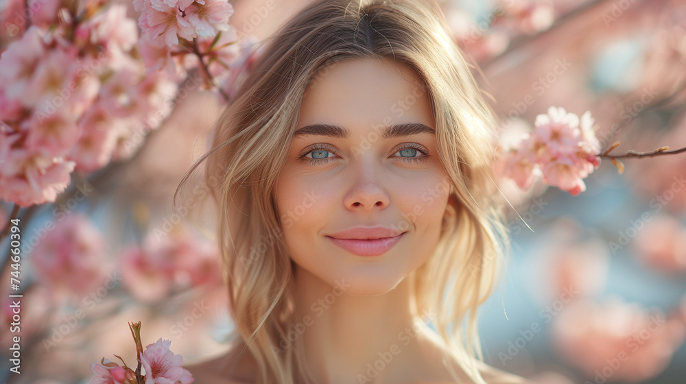 Portrait of a beautiful European woman posing in front of a blooming cherry tree , close-up view of a cheerful handsome Caucasian white middle aged woman in an outdoor, Ai generated image