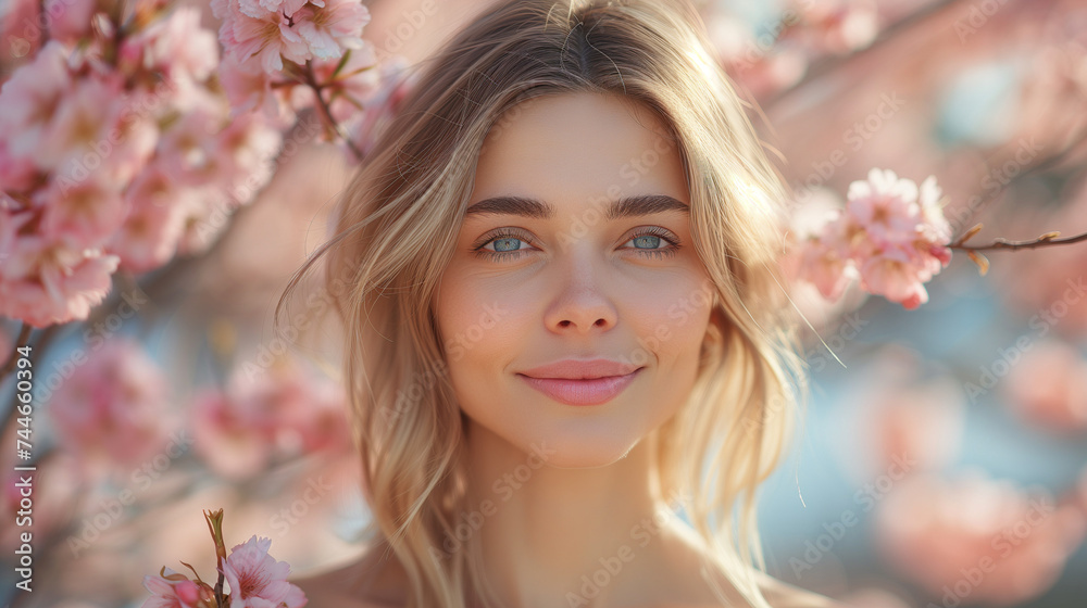 Portrait of a beautiful European woman posing in front of a blooming cherry tree , close-up view of a cheerful handsome Caucasian white middle aged woman in an outdoor, Ai generated image Portrait of a beautiful European woman posing in front of a blooming cherry tree , close-up view of a cheerful handsome Caucasian white middle aged woman in an outdoor, Ai generated image