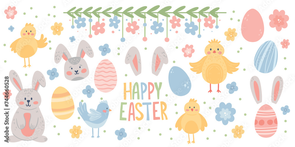 Set of Happy Easter elements. Cute Hand Drawn Eggs, Bunny, Chicken and other. Spring Aesthetic Stickers Set of Happy Easter elements. Cute Hand Drawn Eggs, Bunny, Chicken and other. Spring Aesthetic Stickers