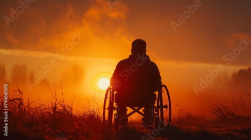 Back view of a solitary man in a wheelchair  contemplating a breathtaking sunset in a serene field.