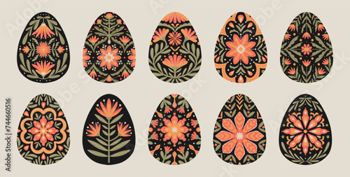 Set of Ukrainian Tradition Eggs Ornament. Easter Folk Floral Pattern with Flowers and Leaves
