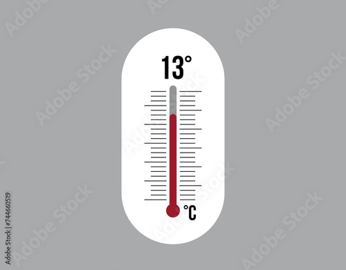 13° degrees Celsius. Thermometer vector to measure climate temperature, weather forecast and heat concept