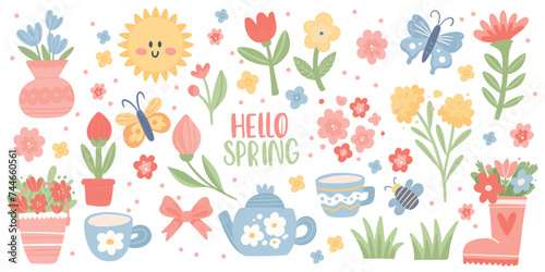 Set of Cute Spring elements. Springtime Hand Drawn Flowers  Butterfly  Plant and other. Cottagecore Aesthetic Stickers